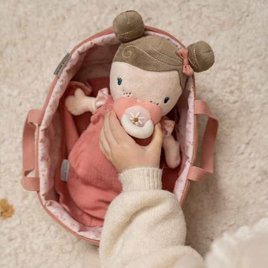 Puppe aus Stoff / Kuschelpuppe Rosa mit Babytrage, Schnuller, Schlafsack und Flasche