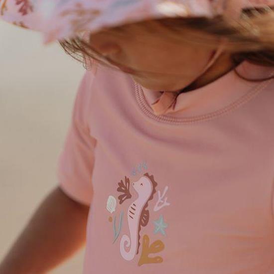 Kurzarm Bade T-Shirt / Schwimm Oberteil mit Rüschen - Seahorse Pink