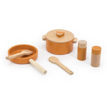 Holz Spielküche Kochset mit Pfanne, Besteck und Topf - in Rosa, Gelb oder Orange