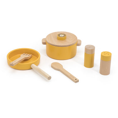 Holz Spielküche Kochset mit Pfanne, Besteck und Topf - in Rosa, Gelb oder Orange