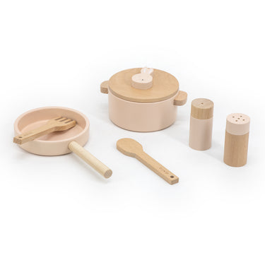 Holz Spielküche Kochset mit Pfanne, Besteck und Topf - in Rosa, Gelb oder Orange