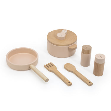 Holz Spielküche Kochset mit Pfanne, Besteck und Topf - in Rosa, Gelb oder Orange