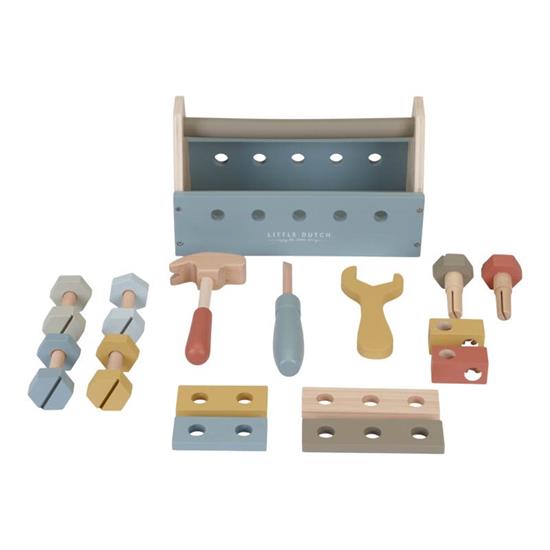 Blauer Werkzeugkasten aus Holz mit eigenem Hammer, Schraubendreher und Schraubenschlüssel
