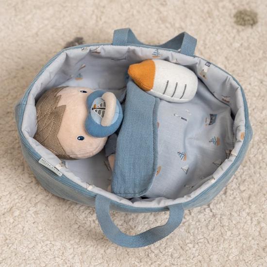 Stoffpuppe / Kuschelpuppe Baby Jim im Tragekorb mit Schlafsack, Schnuller und Fläschchen