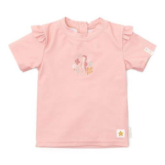 Kurzarm Bade T-Shirt / Schwimm Oberteil mit Rüschen - Seahorse Pink