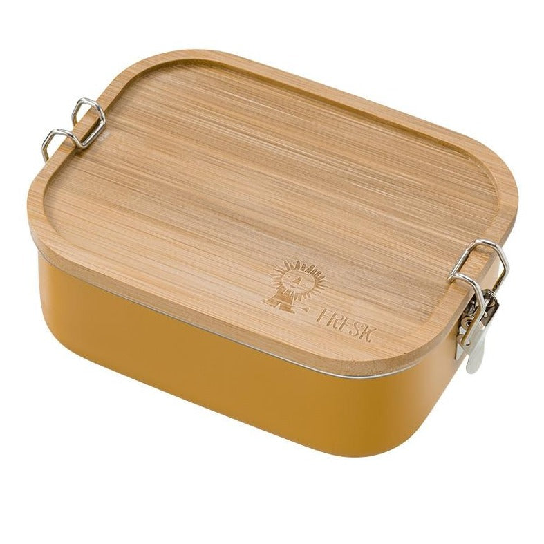 Edelstahl Brotdose mit Holzdeckel, 3 Fächer Unterteilung - in 3 Farben