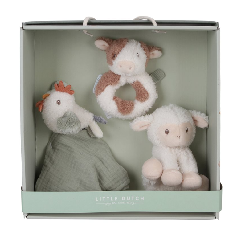 Geschenkebox zur Geburt mit 3 Produkten: Schaf, Schmusetuch und Rassel. Geschenkeset von Little Dutch.