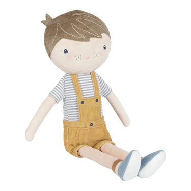 Große Stoffpuppe / Kuschelpuppe Jim groß (50cm) mit gelber Latzhose
