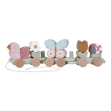 Holz-Zug mit Vogel, Blumen, Schmetterling und Marienkäfer Steckform