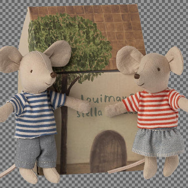 Maileg süßes Geschwister Maus Paar mit Häuschen