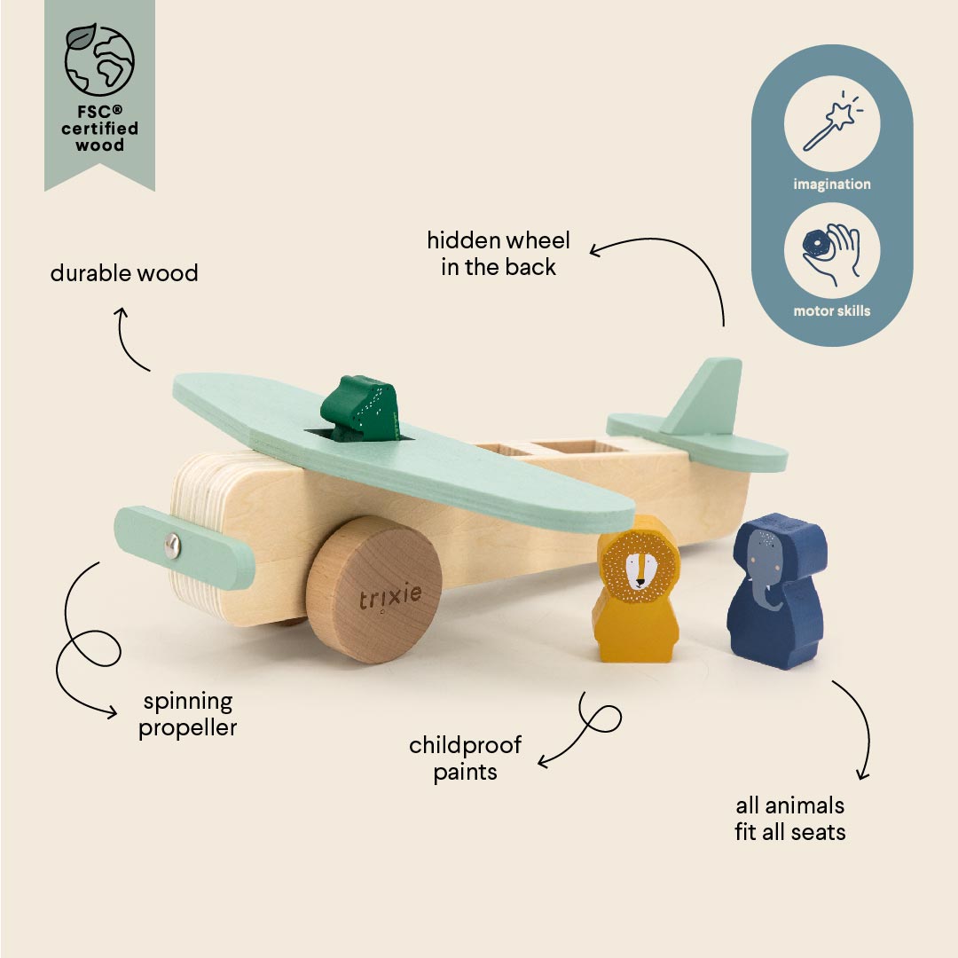 Flugzeug aus Holz mit Löwe, Krokodil und Elefant - fördert Feinmotorik & Fantasie
