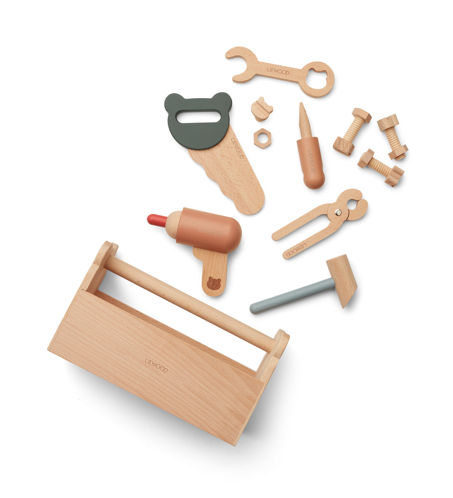 Luigi Werkzeug-Set / Werkzeugkasten aus Holz in verschiedenen Farben - fördert Hilfsbereitschaft, verbessert die Hand-Auge-Koordination und die Fähigkeiten zur Problemlösung.